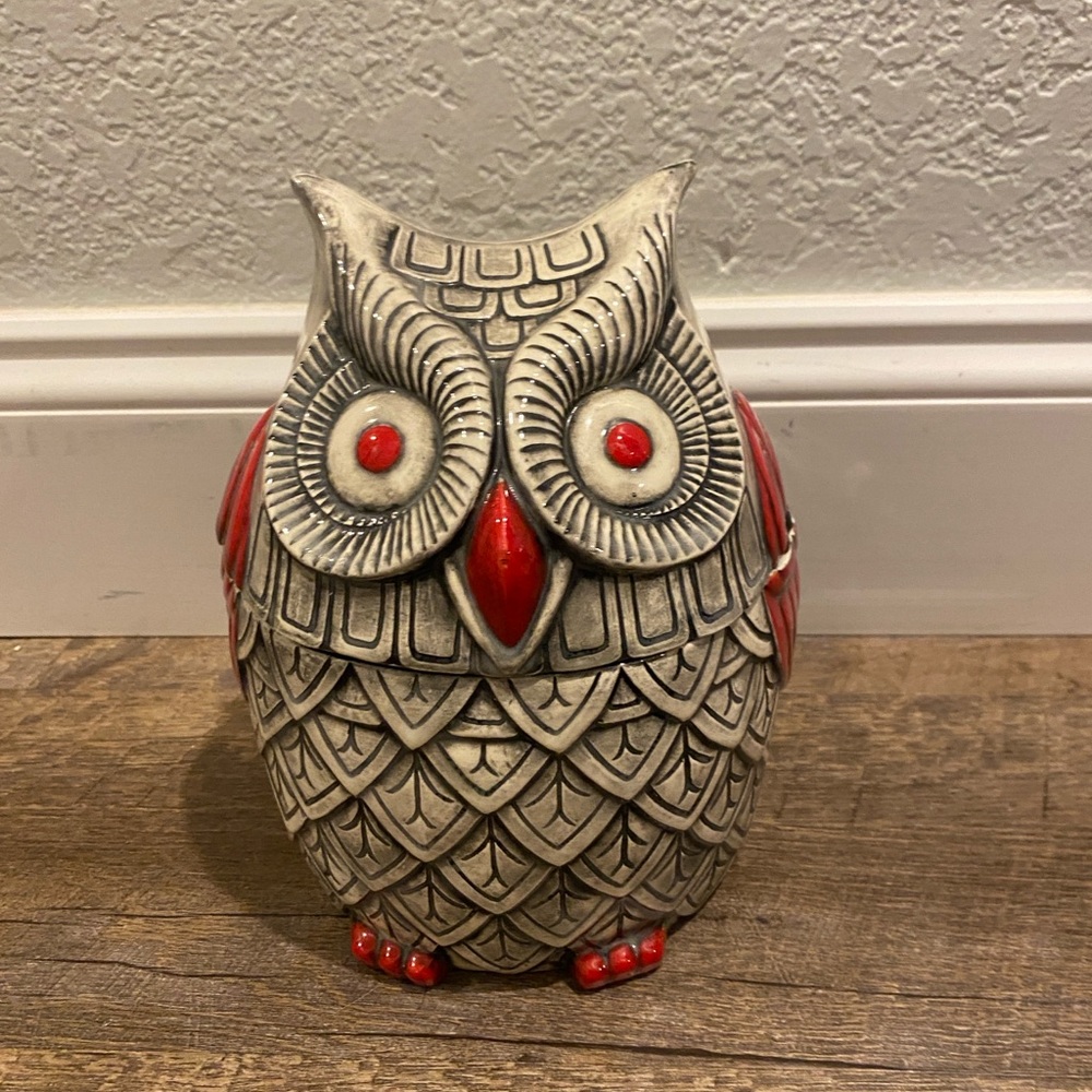 MCM Decorative Red and Gray Storage Owl Figurine